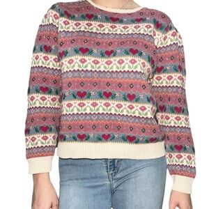 Northern Isles Hand Embroidered Crewneck Sweater in Cream & Pink